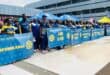 SAPS officers line up together showing their banners of each province they represent as they look to completing the Ultimate Human Race - Comrades Marathon. Photo: SAPS Facebook