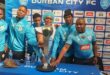 Pictured from left to right at Scottsville Mall during Durban City's Nedbank Cup trophy celebration are second captain Mkhize Mfanafuthi, Lwandile Mbanjwa, Siyanda Ximba, the Queen of Durban City, Samkelo Maseko and Mdu Mbele. The players joined supporters for a memorable celebration as fans gathered to take photographs and celebrate the club's trophy success. Photo: Moeketsi Mamane