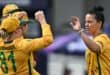 South Africa's Marizanne Kapp (R) is congratulated after dismissing Bangladesh's batter Juairiya Ferdous (not pictured) during the ICC Women's T20 cricket world cup 2026 game between South Africa and Bangladesh, at Lord's in London on June 28, 2026. (Photo by JUSTIN TALLIS / AFP)