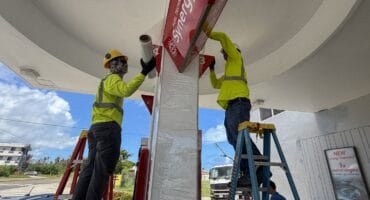 Workers secure a gas station ahead of the arrival of the forecasted Super Typhoon Bavi in Saipan, Northern Mariana Islands, on July 3, 2026. Photo: AFP