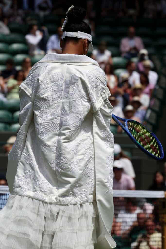 Details on the back of Japan's Naomi Osaka's Kimono are pictured before her women's singles third round tennis match against Australia's Daria Kasatkina on the fifth day of the 2026 Wimbledon Championships. Photo: AFP