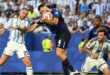 Argentina's midfielder #20 Alexis Mac Allister and Cape Verde's defender #04 Pico Lopes fight for the ball next to Argentina's defender #03 Nicolas Tagliafico during the 2026 World Cup round of 32 football match. Photo: AFP