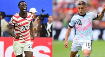 This combination of pictures created on July 05, 2026 shows US forward #20 Folarin Balogun at the Los Angeles Stadium in Inglewood on June 12, 2026nand Belgium's #10 Leandro Trossard #10 of Belgium controls the ball at Seattle Stadium on July 01, 2026 in Seattle, Washington during the FIFA World Cup 2026 football tournament.