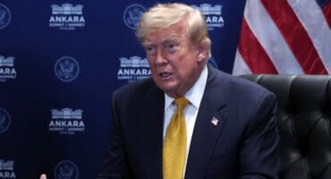 US President Donald Trump gestures as he meets with NATO Secretary General on the sidelines of the NATO summit in Ankara, on July 8, 2026.