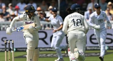 TOPSHOT - India's Yastika Bhatia (L) and India's Smriti Mandhana (2R) take a quick single on the first day of the first Women's cricket Test match between England and India at Lord's cricket ground in London, on July 10, 2026. (Photo by JUSTIN TALLIS / AFP) / RESTRICTED TO EDITORIAL USE. NO ASSOCIATION WITH DIRECT COMPETITOR OF SPONSOR, PARTNER, OR SUPPLIER OF THE ECB