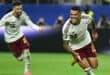 TOPSHOT - Spain's defender #12 Pedro Porro celebrates scoring his team's second goal during the 2026 World Cup football tournament semi-final match between France and Spain at the Dallas Stadium in Arlington on July 14, 2026. (Photo by Paul ELLIS / AFP)