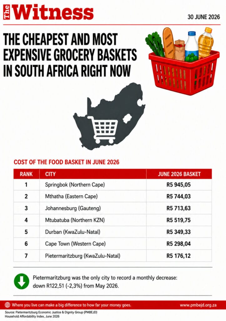A graphic produced by The Witness depicting the cities with the highest costing June food basket.