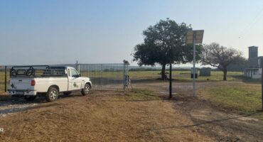 One of the FreeMe Wildlife Zululand vehicles at the main gate with the new electric gate and fence which surrounds the property. Photo: Supplied