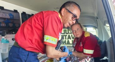 KZN Private Ambulance Paramedics Cohen Landers and Caitlyn Otto attending to the newborn baby. Photo Supplied