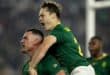 TOPSHOT - South Africa's centre Jesse Kriel celebrates with teammates after scoring a try during the rugby Nations Championship match between South Africa and Scotland at Loftus Versfeld Stadium in Pretoria on July 11, 2026. (Photo by PHILL MAGAKOE / AFP)