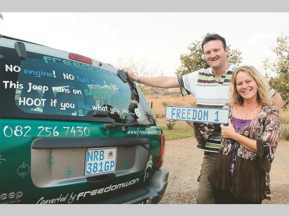 Lizette Kriel and Antony English, co-owners of Freedom Won next to their first converted electric vehicle Freedom 1.