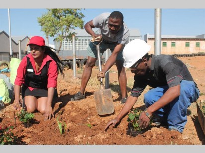Hard at work in the sun from the left are Sharon Govender of President Hyper, Collen Ratlhotshe and Lesego Ramagole.