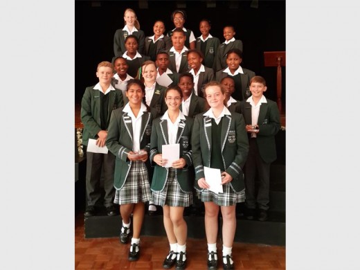 For the Primary School in front are head girl Diana de Sousa and her two deputy heads Erin Powell and Kiara Bendeman. Prefects and Monitors from left to right are Tamsin Quelch, Letletlo Manake, Rego Lekoane, Katlego Molefe, Lesedi Mosimane, Naledi Motlhabane, Michael Mosing, Rabi Selebano, Noah Netshisaulu, Kutlwano May, Jeminah Senye, Caleb Schwulst, Caitlin Morgan, Munash Hatutangwi, Garren Diab and Dimakatso Mogobi.