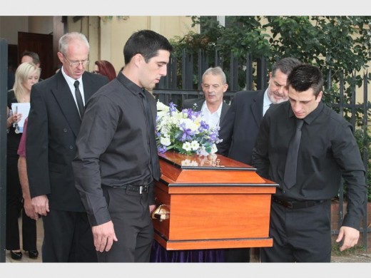 The pallbearers at the chirch were Kristopher Cope (son), Mikael Cope (son), Bradley Cassell (cousin), Robert Miles (cousin), Craig Hunter (cousin) and Jay van Rooyen (friend).