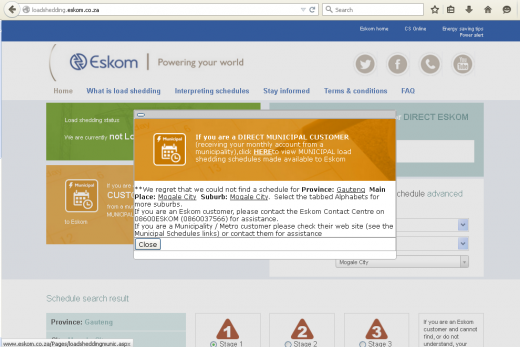No load shedding schedule is available for Mogale City.