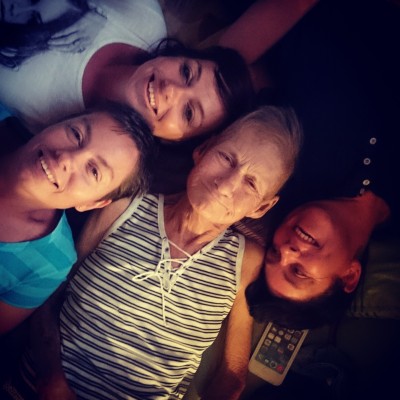 Stineie, in the middle, surrounded by her daughters, "the loves of [her] life", during her last days. Clockwise from left: Sharlene Retief, Sally van Loggenberg and Christene Retief.