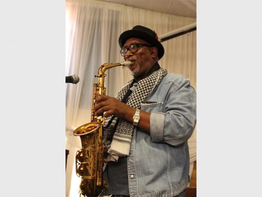 Sipho 'Hotstix' Mabuse playing his saxophone.