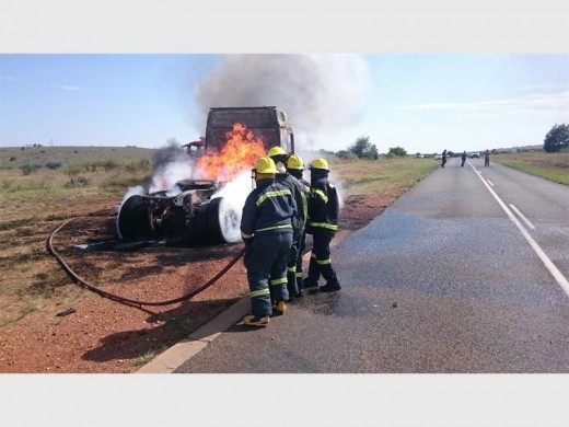 Mogale City's Emergency Services on the scene where a truck caught fire. Photo: Gerhard Niewoudt.