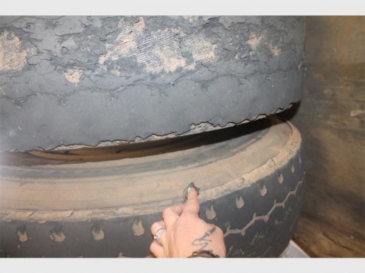 Two of the worn tyres of the truck that was pulled over yesterday in West Village.