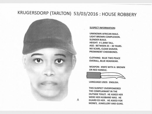 ID KIT A: Male, light brown in complexion, between the ages of 25 and 30 years. He is approximately 1.84 metres tall and slender built. He has no scars and is clean shaven with prominent cheekbones. He was wearing blue two piece overalls with a blue head gear. The suspect is English and he is believed to be armed with a knife.