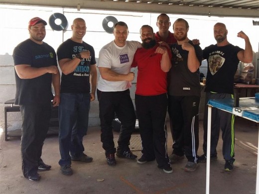 Keen arm-wrestlers Ruan Nell , Leon van Zyl , Conrad Geel, Linus Cornelius, Brett Leader (back), Sean Richter and Wentworth Powrie.