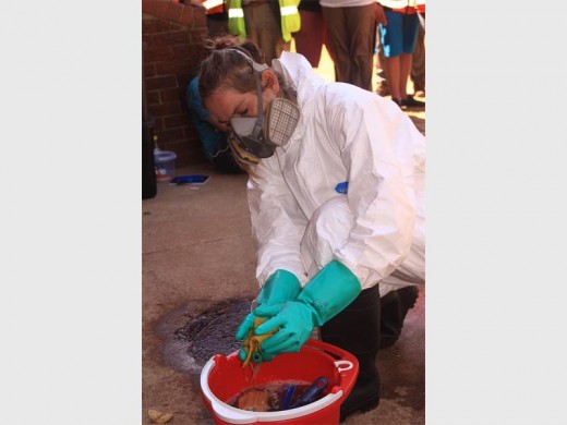 Shalene Botha, crime scene clean-up crew member cleaning a staged crime scene at a demonstration.
