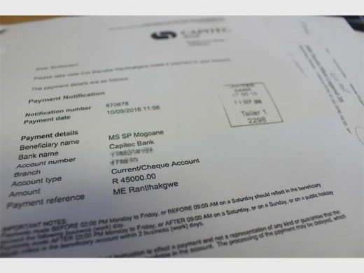 A copy of a 'Proof of payment' provided by a victim of the OLX vehicle deposit scam who paid R45 000 to secure a vehicle purchase.