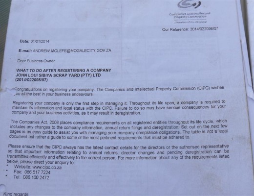 The letter John received to confirm that his 'company' had been registered.