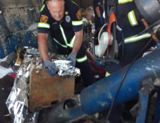 Krugersdorp's Fire Department members raced against time to save the man whose hand got stuck in a plastic recycling machine in Chamdor. Photo: Krugersdorp Fire Department.