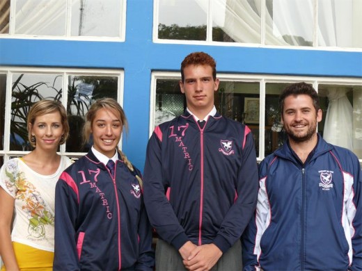 The new team captains, Jenna Brust and Kegan Hainsworth, with teachers Mariska Ewart and Willie Jansen van Rensburg.