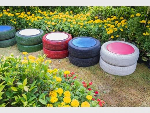 Tyre stools for the garden.