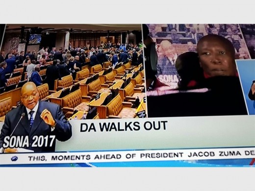 Maimane said "Zuma has broken South Africa". After making his point, Maimane, like a law-abiding police officer, excused himself and his members and they d-rifted a-way. Photo: SABC