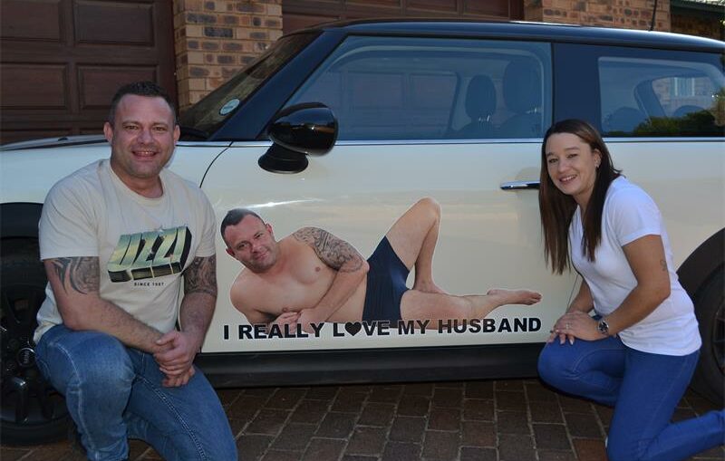 One West Rand couple is taking relationship pranks to the next level after a husband pasted a giant sticker of himself in his underwear on his wife's car.
