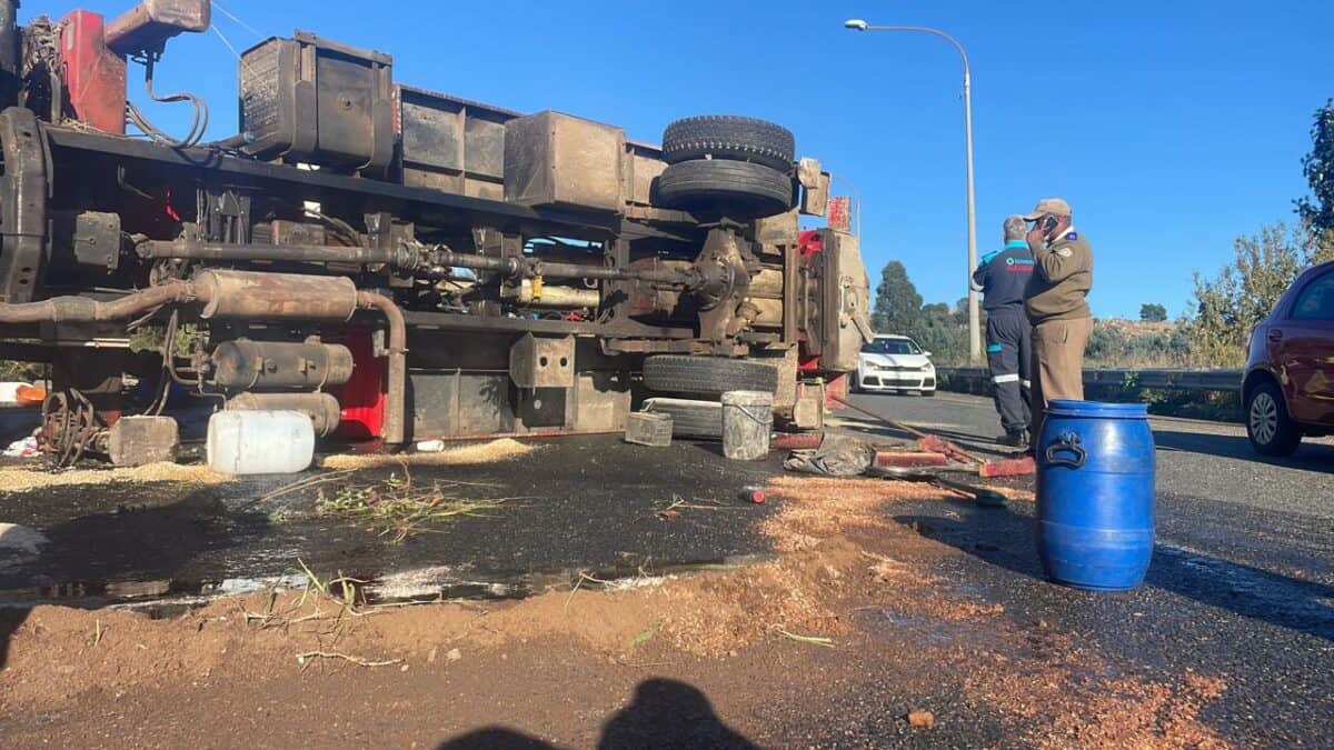 Motorists faced major delays on the R28 after an overturned concrete truck partially blocked the road near Robert Broom Drive this morning, May 15.
