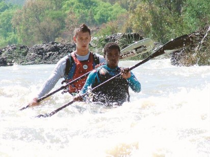 Archie Moncho with Dugan Afonso in action who finished as the third Under 18 team at the CMH Vaal River SA K2 River Championship event.