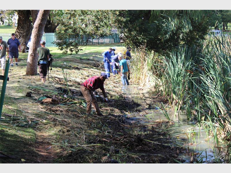 City Parks and community clear out litter clogging Florida Lake storm water inlet Roodepoort