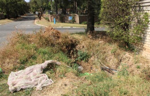 Overgrown roadside excavation site with tall dry grass, scattered weeds, and exposed underground water pipes near a brick wall. A torn white netting cloth lies across the ground, while the background shows a suburban street lined with trees, houses, and a sidewalk. The scene suggests an abandoned or incomplete construction or repair project.