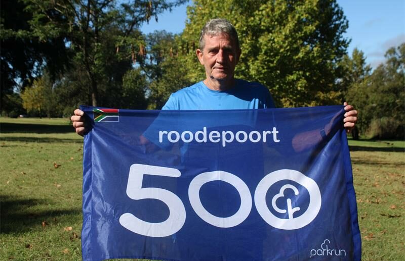 Roodepoort parkrunner Glenn Tippett celebrates 500 parkruns.