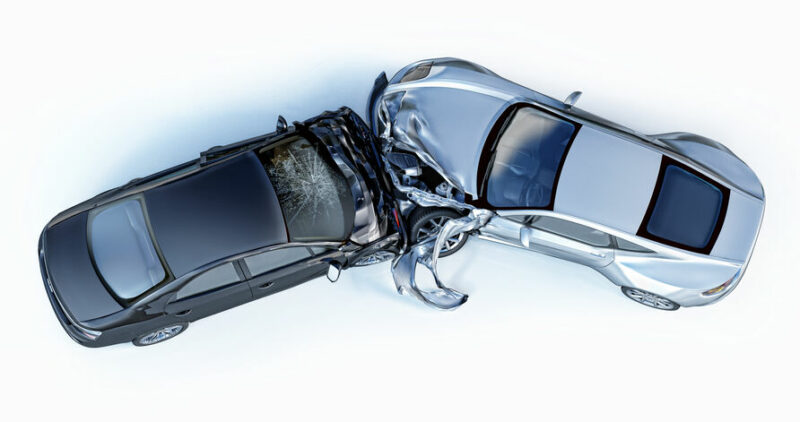 Two cars crashed in accident. Viewed from the top.