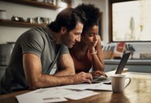 Couple with a laptop doing finance paper work, paying debt insurance loans or online ebanking together at home. Two serious people planning and looking at financial document, bills rate for mortgage