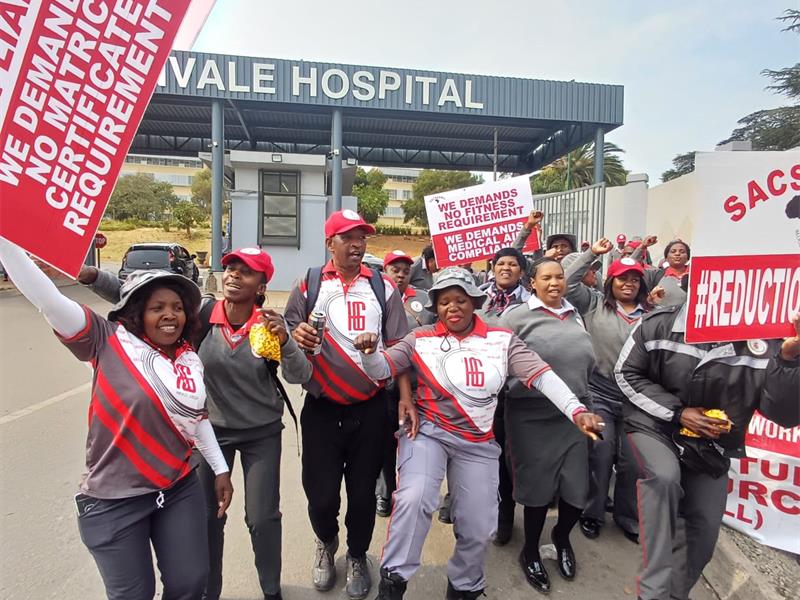 Members of SACSAAWU protested outside Edenvale Hospital over unpaid July salaries and unresolved benefits, leaving the hospital without security since the evening of August 26.