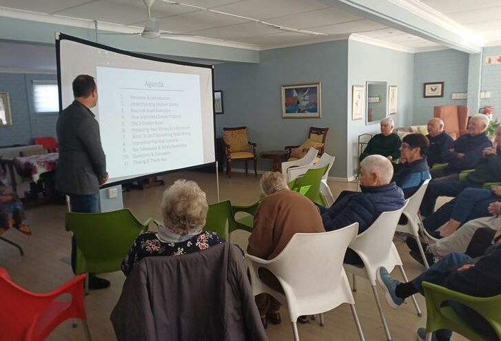Residents at Quondam Village receive enlightening workshop on the dangers of scamming and tools to protect against becoming victims.
