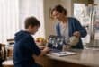 A mother and son at a kitchen counter, with the boy using a laptop for a video call while the mother pours a drink beside him.