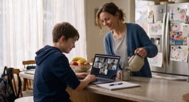A mother and son at a kitchen counter, with the boy using a laptop for a video call while the mother pours a drink beside him.