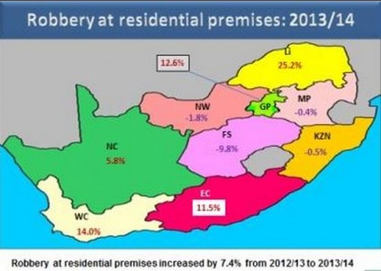 Map depicting the robberies at residential premises for the 2013/14 financial year.