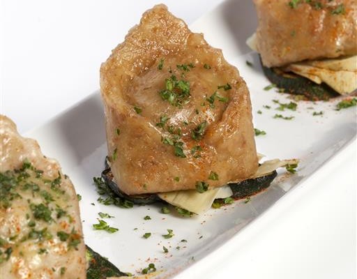 Whole-Wheat Ravioli Filled with Wild Mushroom and Cheese on a Grilled Courgette and Artichoke