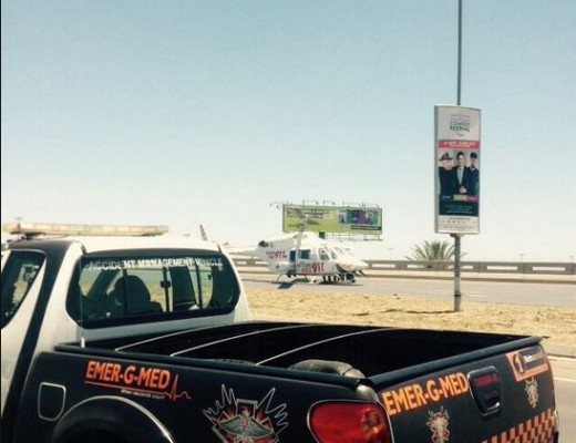 A helicopter lands in Witkoppen Road to airlift a critical patient. Photo: Twitter/@Emer-G-Med
