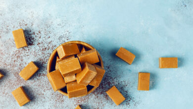 Tasty salty caramel fudge candies with sea salt,top view