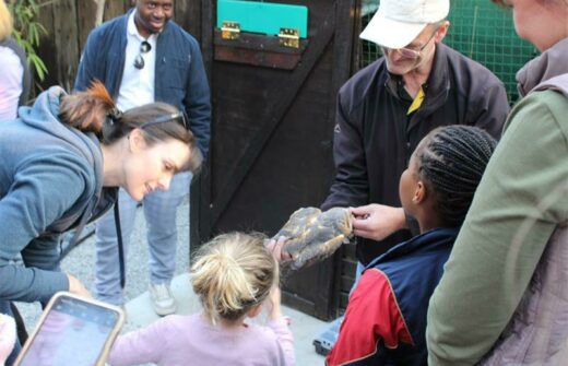 Arjen van Zwieten invites the children to gently feel the owl's soft texture.