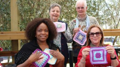 Lindokuhle Maluleke, Phyllis Robers, Jill Busschau, Jennifer Chalker are attendees at the World Granny Square event.
